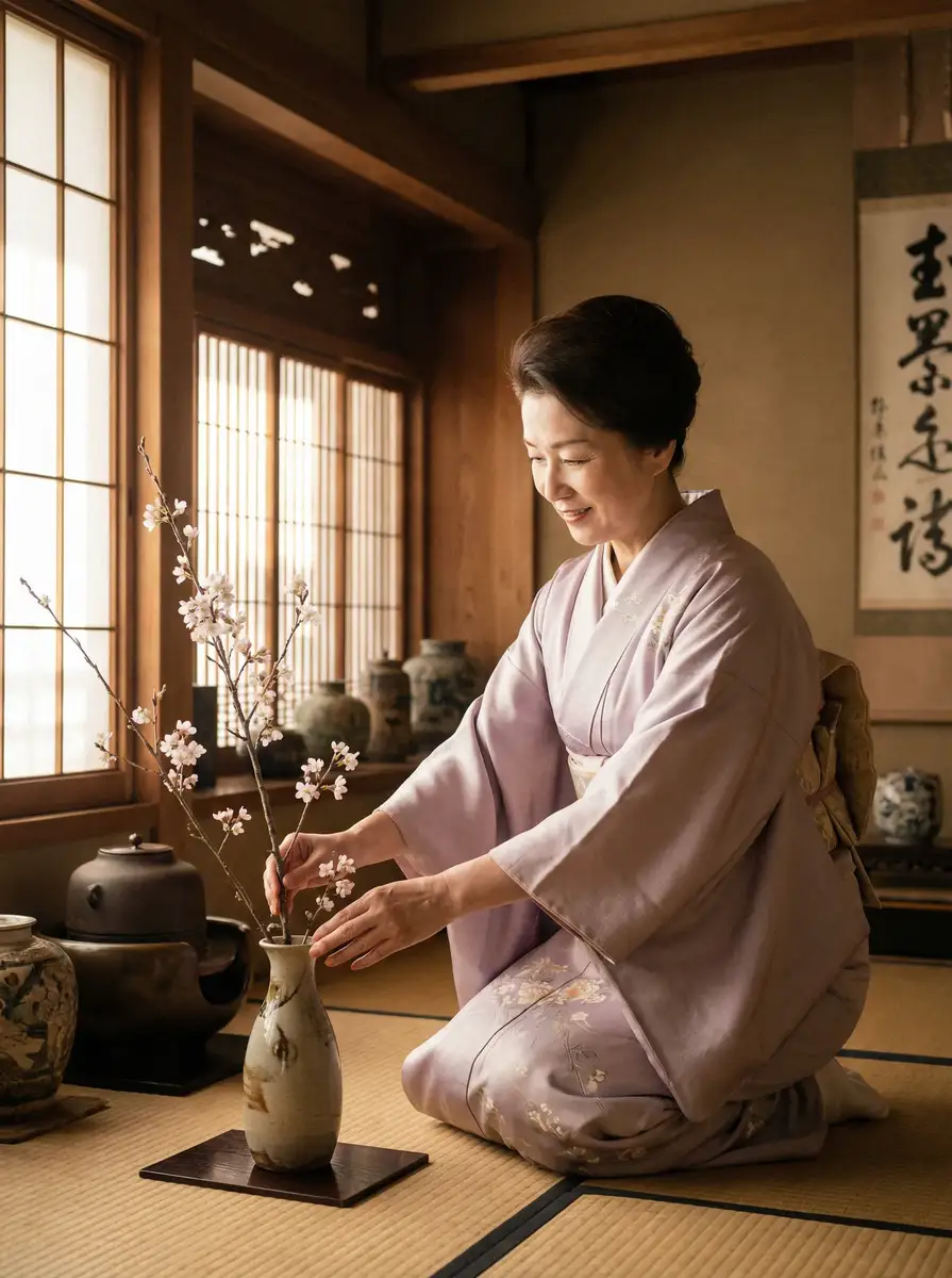 一位优雅的 皇冠娱乐网站 在和室中插花